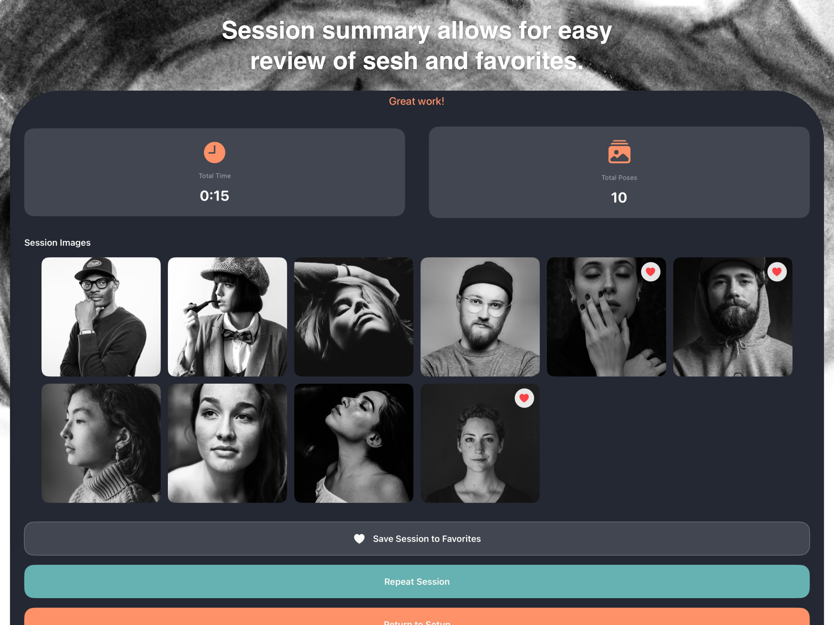 Seshr Session Complete screen showing session summary and thumbnails