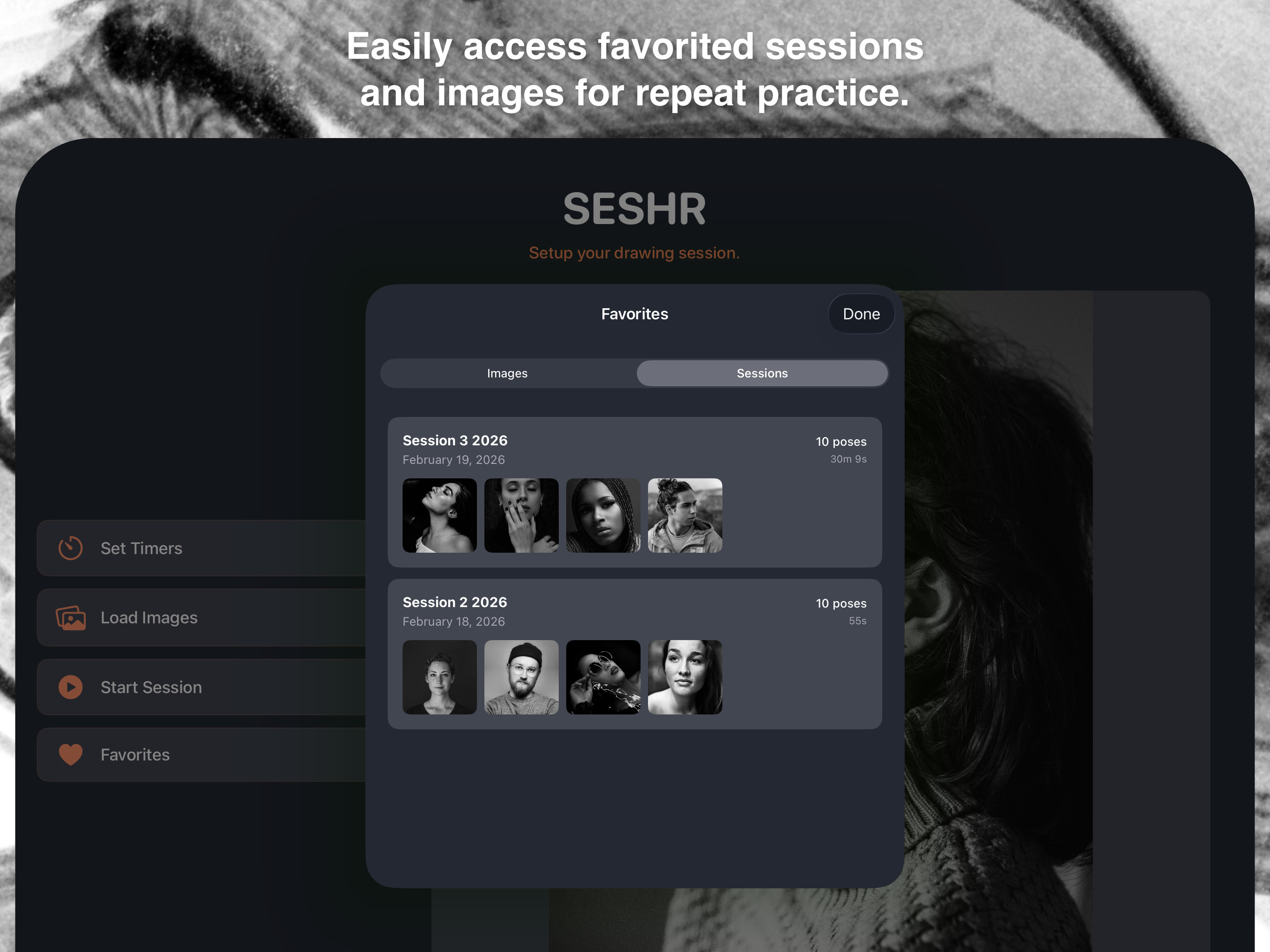 Seshr Favorites screen showing saved sessions