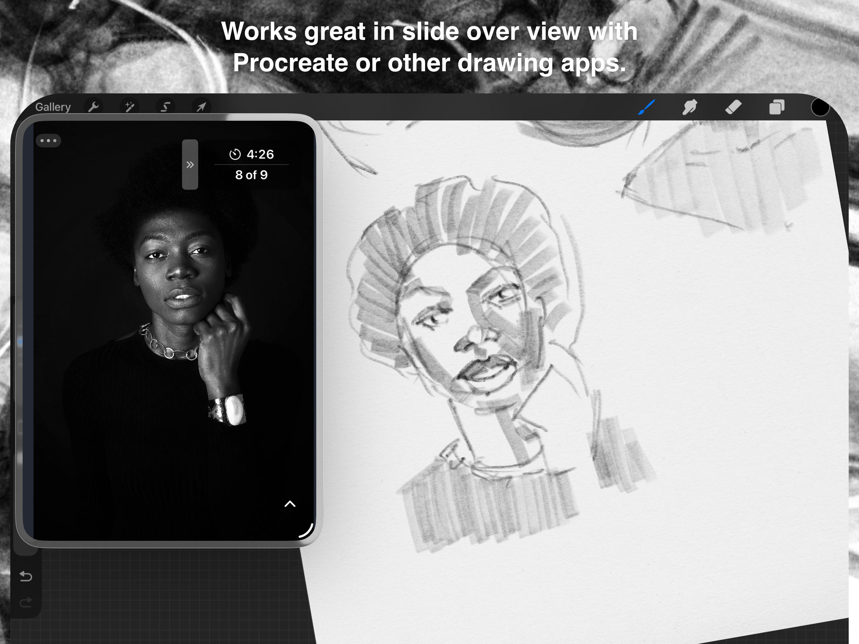 Seshr in Slide Over mode alongside Procreate on iPad