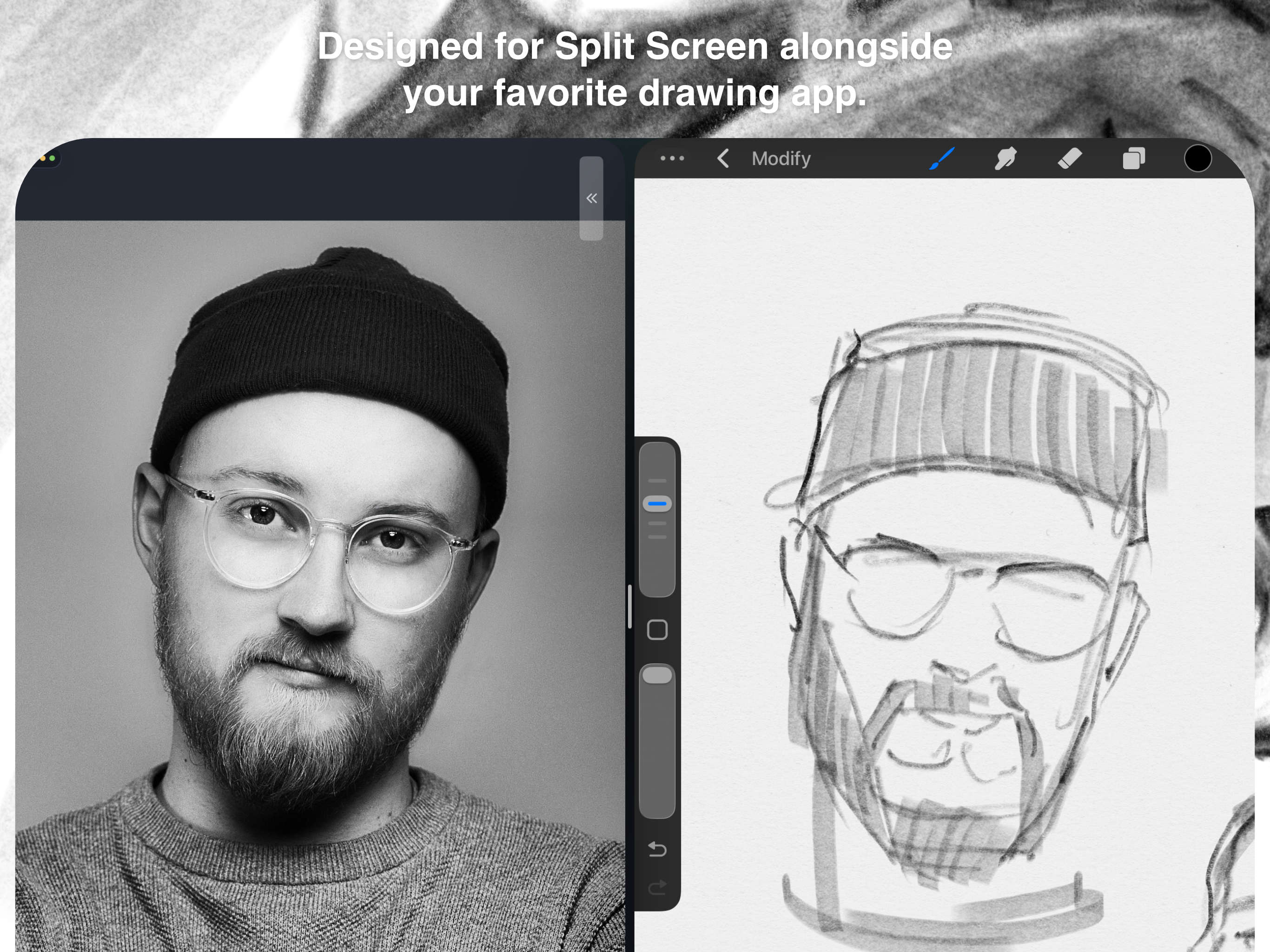 Seshr running in Split View alongside Procreate on iPad
